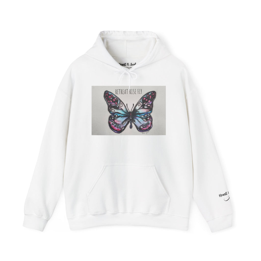 Retreat Rise Fly Butterfly Hoodie — Watercolor Wings Graphic Sweatshirt
