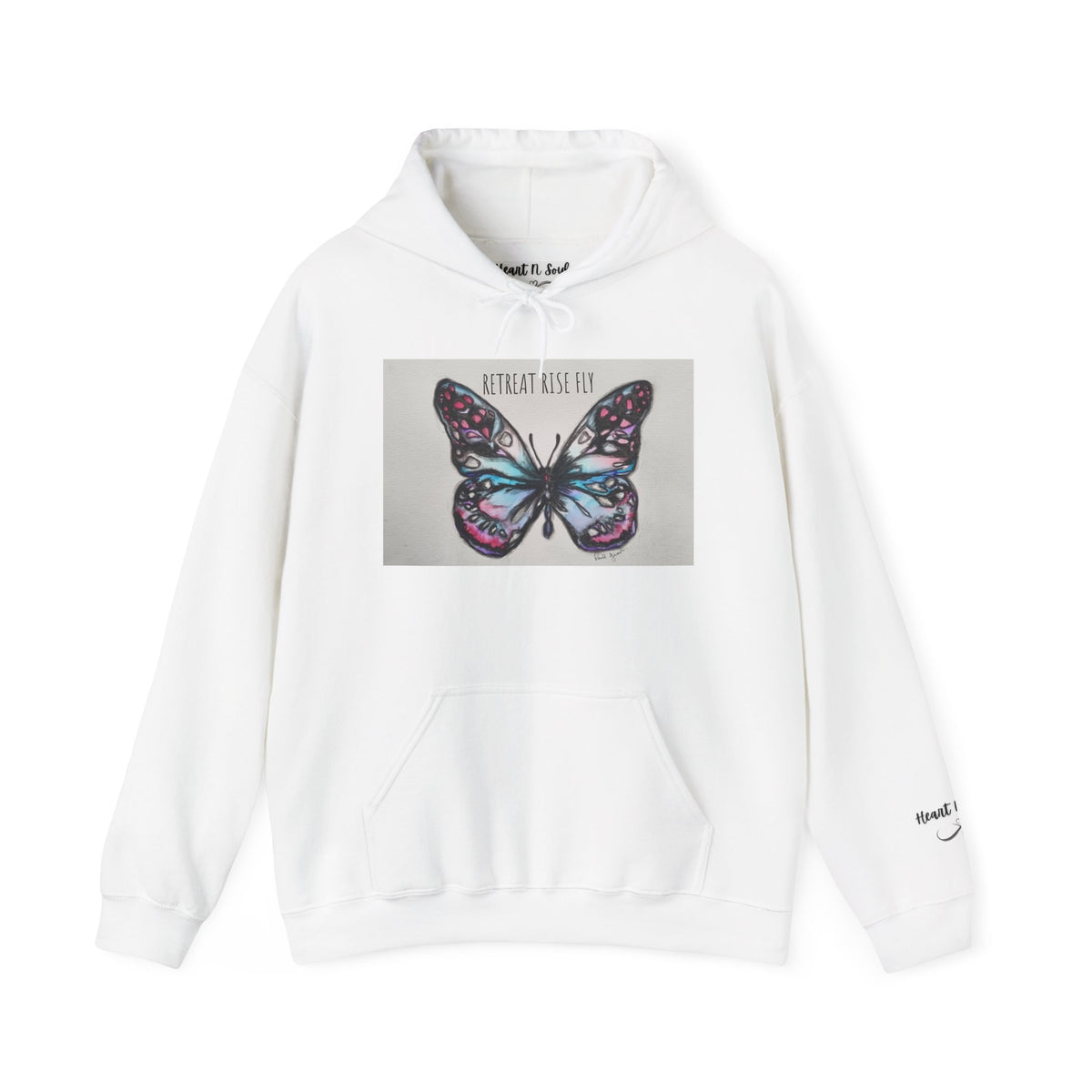 Retreat Rise Fly Butterfly Hoodie — Watercolor Wings Graphic Sweatshirt