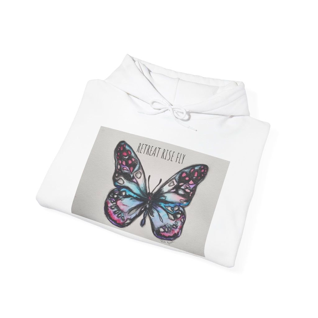 Retreat Rise Fly Butterfly Hoodie — Watercolor Wings Graphic Sweatshirt