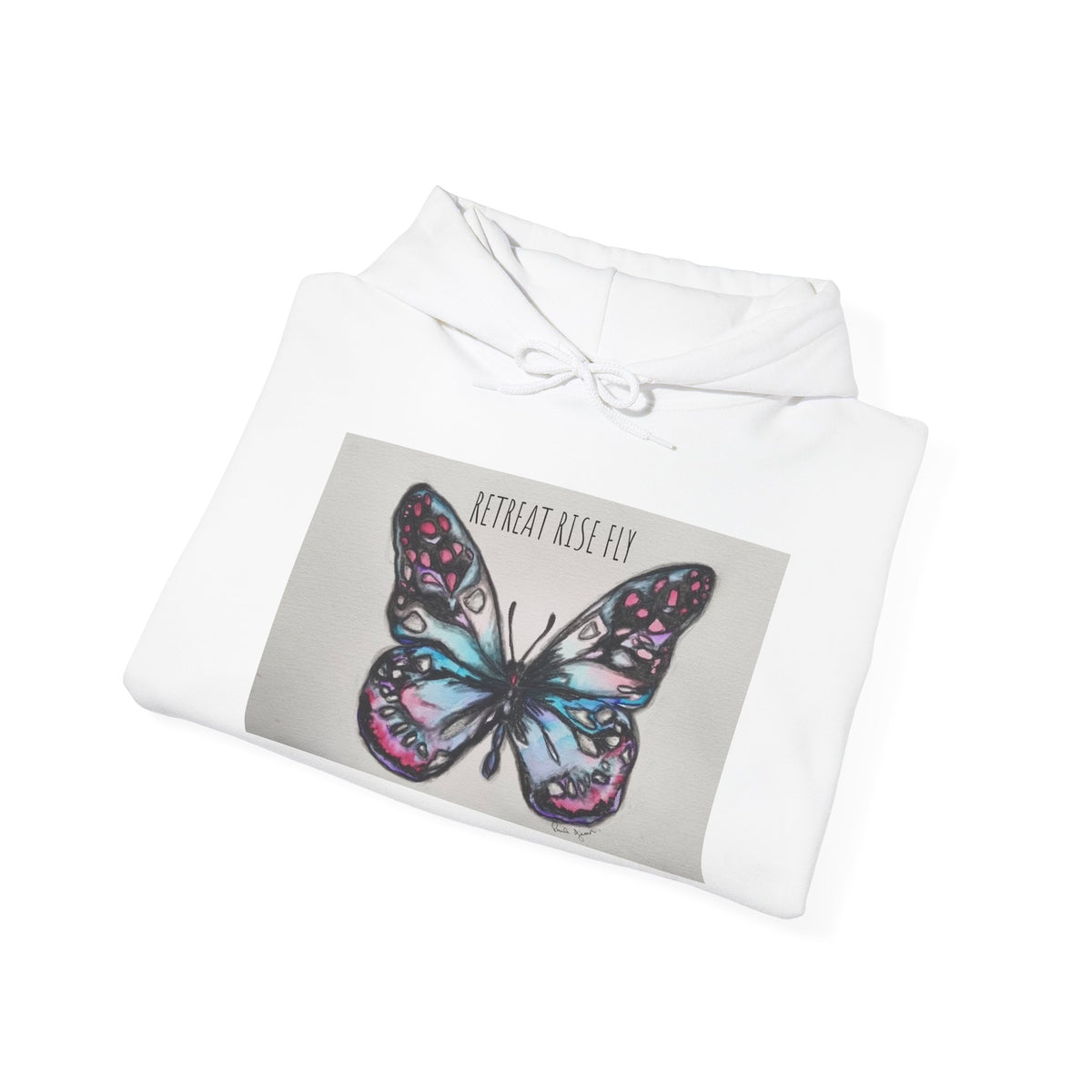 Retreat Rise Fly Butterfly Hoodie — Watercolor Wings Graphic Sweatshirt