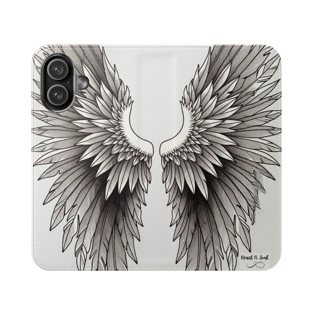 Angel Wings Faux Leather Flip Phone Case — Wallet Cover with Inked Wings