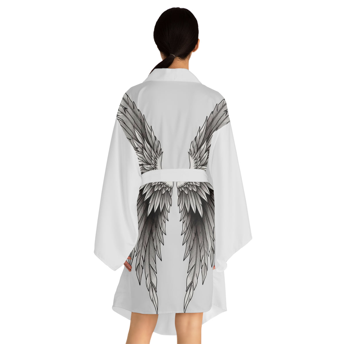 Angel Wings Kimono Robe — Long-Sleeve Feather Back Lounge Robe
